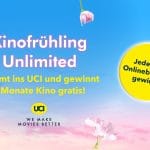 UCI startet den Kinofrühling UNLIMITED mit einer exklusiven Verlosung von 3-Monats-Kinoabos. Alle Gäste, die vom 20. bis 31. März ihre Tickets online buchen, nehmen automatisch an der Verlosung teil. Gewinne werden unter allen Teilnehmern vergeben, jede 333. Buchung erhält ein Kino-Abo für drei Monate.