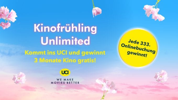 UCI startet den Kinofrühling UNLIMITED mit einer exklusiven Verlosung von 3-Monats-Kinoabos. Alle Gäste, die vom 20. bis 31. März ihre Tickets online buchen, nehmen automatisch an der Verlosung teil. Gewinne werden unter allen Teilnehmern vergeben, jede 333. Buchung erhält ein Kino-Abo für drei Monate.
