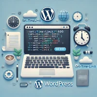 „Illustration eines Laptop-Bildschirms mit WordPress-Logo und hervorgehobener Code-Zeile set_time_limit(600);, die die Erhöhung der maximalen Ausführungszeit symbolisiert. Ergänzt durch eine Stoppuhr als visuelle Darstellung der Laufzeitbegrenzung.