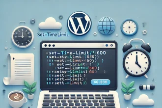 „Illustration eines Laptop-Bildschirms mit WordPress-Logo und hervorgehobener Code-Zeile set_time_limit(600);, die die Erhöhung der maximalen Ausführungszeit symbolisiert. Ergänzt durch eine Stoppuhr als visuelle Darstellung der Laufzeitbegrenzung.