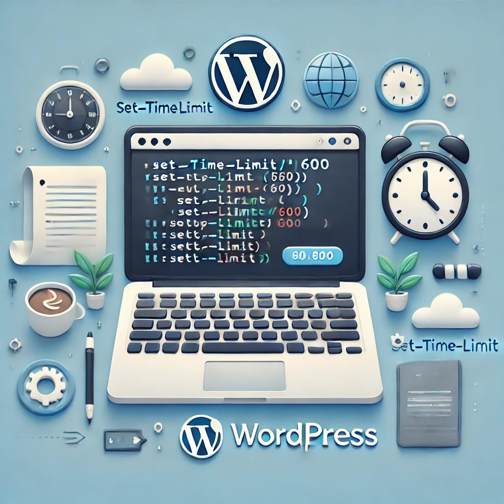 „Illustration eines Laptop-Bildschirms mit WordPress-Logo und hervorgehobener Code-Zeile set_time_limit(600);, die die Erhöhung der maximalen Ausführungszeit symbolisiert. Ergänzt durch eine Stoppuhr als visuelle Darstellung der Laufzeitbegrenzung.